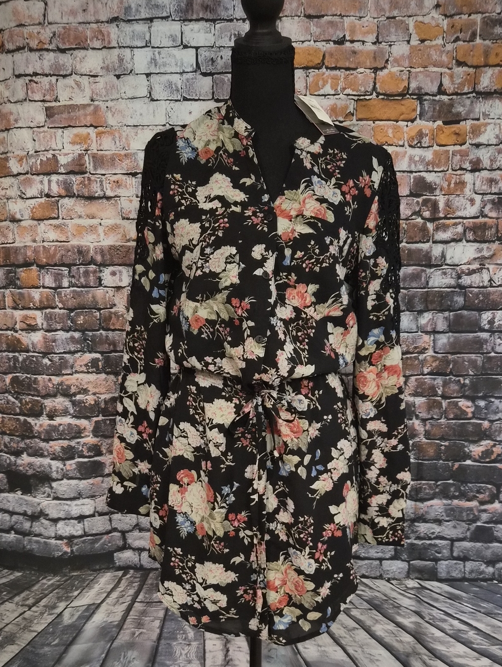 Miss Me Black Floral Button-Front Tunic/Mini Dress with Collared Neck NWT SZ XS